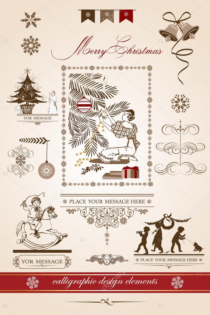 Christmas and New Year. set of vector decorative, calligraphic elements, antique and vintage jewelry, banners, text, separators, with snowflakes and stars design. Christmas Tree