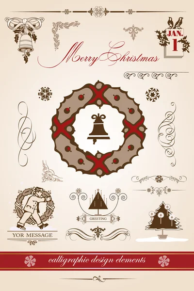Noel ve yeni yıl. dizi vektör dekoratif, kaligrafi öğeleri, antika ve vintage takı, afiş, metin, ayırıcılar, kar taneleri ve yıldız bir tasarıma sahip. Noel çelenk — Stok Vektör