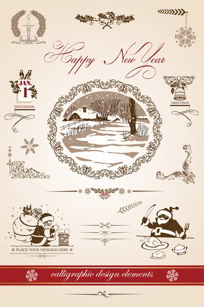 Noel ve yeni yıl. dizi vektör dekoratif, kaligrafi öğeleri, antika ve vintage takı, afiş, metin, ayırıcılar, kar taneleri ve yıldız bir tasarıma sahip. Noel Baba silüeti. manzara