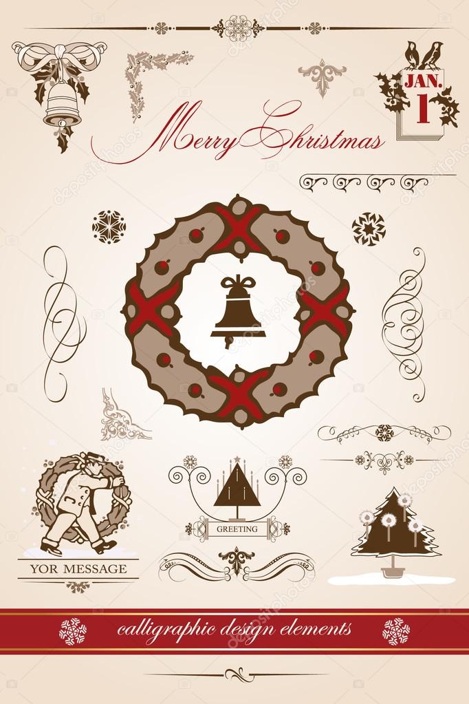 Christmas and New Year. set of vector decorative, calligraphic elements, antique and vintage jewelry, banners, text, separators, with snowflakes and stars design. Christmas wreath