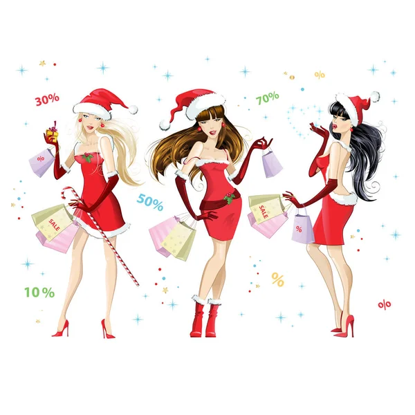 Güzel kız alışveriş ile Noel Baba gibi giyinmiş. Noel indirimler ve satış. Beyaz arka plan üzerinde vektör çizim.