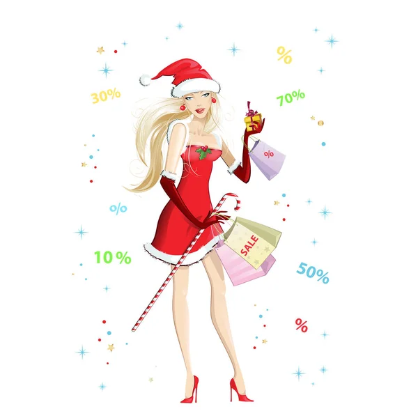 Güzel kız alışveriş ile Noel Baba gibi giyinmiş. Noel indirimler ve satış. Beyaz arka plan üzerinde vektör çizim.