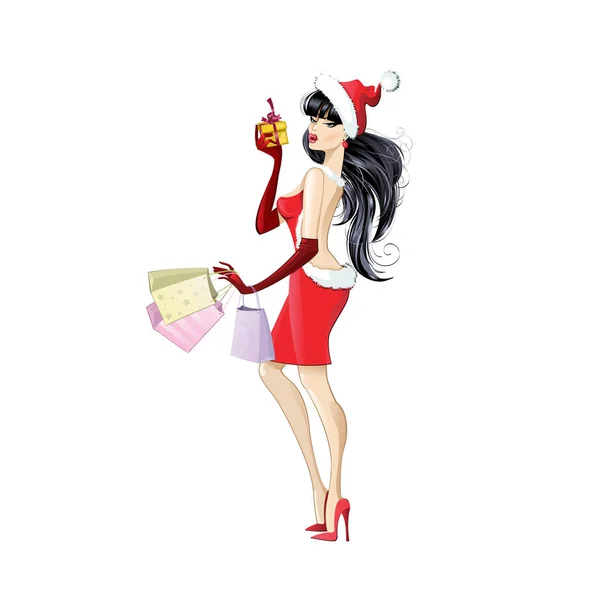 Piękna dziewczyna przebrany za Świętego Mikołaja z zakupy. Świąteczne rabaty i sprzedaży. Wektor ilustracja na białym tle. — Wektor stockowy
