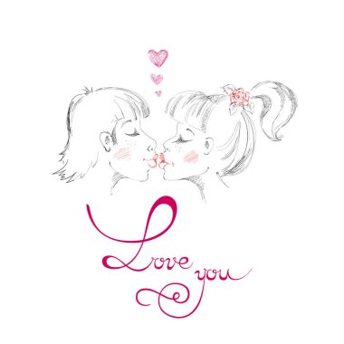 Erkek ve kadın öpüşme. Seni seviyorum. Sevgililer günü. Vektör çizim. Kutlama. Beyaz bir arka plan üzerinde yazıt. Hat sanatı.