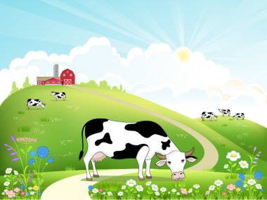 Mandıra ve inek sürüsü bir güzel yaz manzara üzerinde. Çim yeme inek.