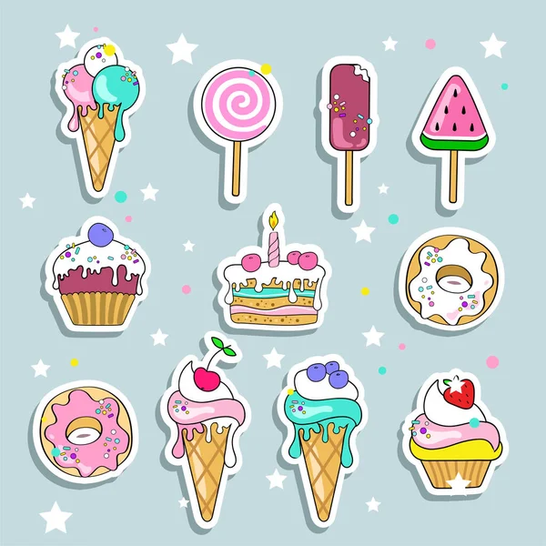 Lot de stickers crème glacée et bonbons. Illustration vectorielle — Image vectorielle
