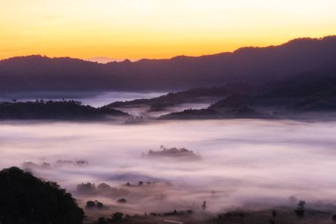 Bir seyahat yer Phayao il, Tayland Phu Langka Milli Parkı, sabah sis ile güzel gündoğumu
