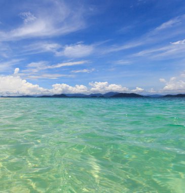 Su okyanus ve mavi gökyüzü arka plan. Açık mavi dalgalanma su doku