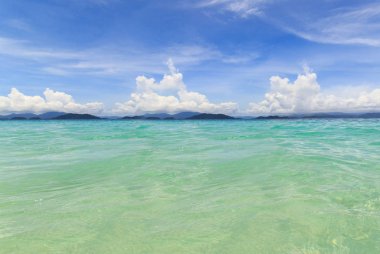 Su okyanus ve mavi gökyüzü arka plan. Açık mavi dalgalanma su doku