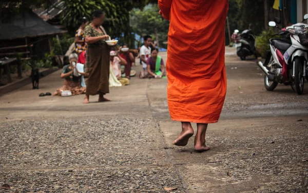 Cantando monges esmola tigela para fora andando no início da manhã, Kanchanaburi, Tailândia . — Fotografia de Stock