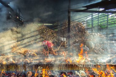 Chonburi - Nisan 19: hala yapmak Yakılan dolgulu malzemeler bambu tüpleri ile yaşlı kadın Tay tutmak için Hindistan cevizi kabuğu Nisan'da 19,2014 içinde Chonburi, Tayland Kültür.