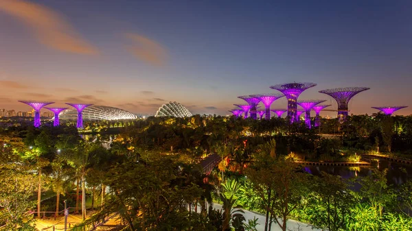 Singapur-Haziran 26,2015: Super Tree Grove Gardens Körfez Singapur gece manzarası. Yayma 101 hektar ve Bayfront Mrt İstasyonu'na 5 dakikalık yürüme. — Stok fotoğraf