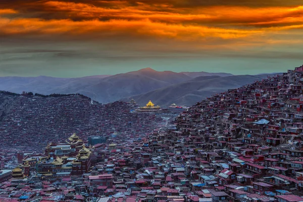 Bovenaanzicht klooster van Larung gar (Boeddhistische Academie) tijdig zonsondergang, Sichuan, China — Stockfoto