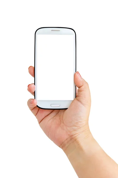 Hand met grote touchscreen slimme telefoon geïsoleerd op een witte achtergrond met uitknippad voor het scherm — Stockfoto