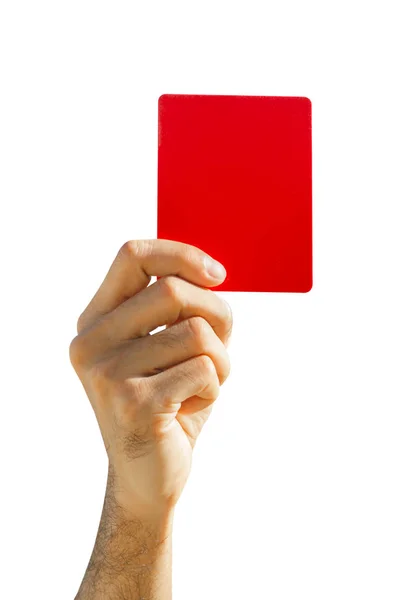 Mano del árbitro de fútbol mostrando tarjeta roja sobre fondo blanco — Foto de Stock