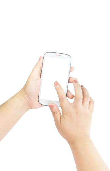 Ręka trzyma duży ekran dotykowy smartfon na białym tle na białym tle ze ścieżką przycinającą na ekranie — Zdjęcie stockowe