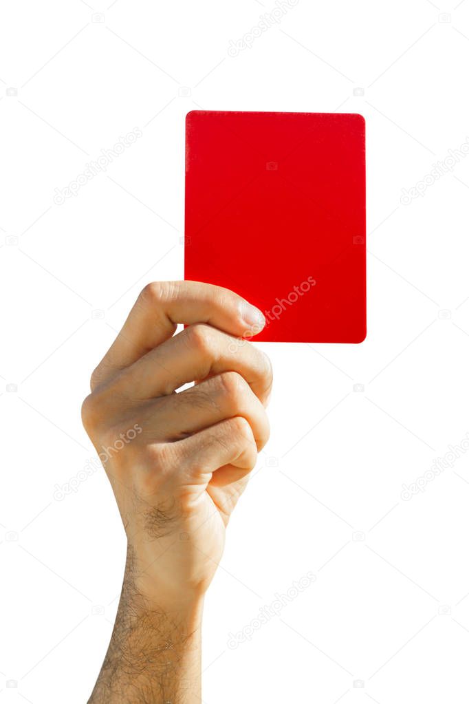 Hand of soccer referee showing red card on white background