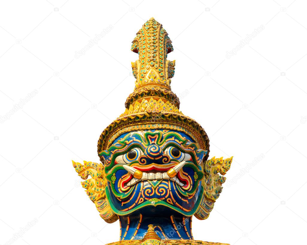 Head of giant guard statue at thai temple isolated on white background