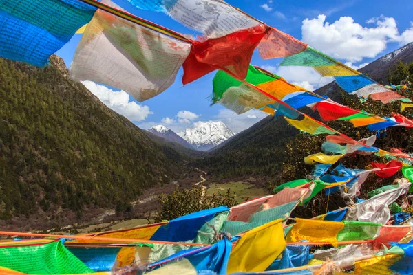 Snow góry w Chinach Poitou w Sertar County w Garze tybetańskiej autonomicznej prefekturze w Tybecie, Kham, Chiny, flagami modlitewnymi niewyraźne na pierwszym planie. — Zdjęcie stockowe