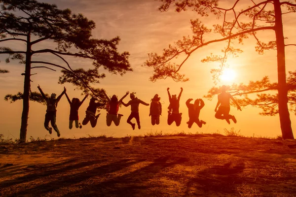 Ázsiaiak utas jumping boldog időben Phu Kradueng Nemzeti Park, napnyugtakor a Loei tartomány Thaiföld — Stock Fotó