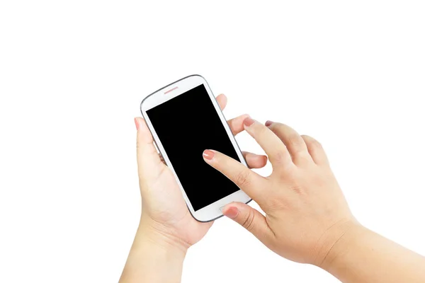 Hand met grote touchscreen slimme telefoon geïsoleerd op een witte achtergrond met uitknippad voor het scherm — Stockfoto