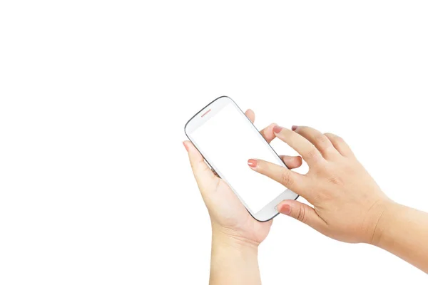 Hand met grote touchscreen slimme telefoon geïsoleerd op een witte achtergrond met uitknippad voor het scherm — Stockfoto