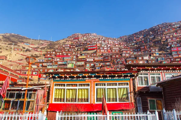 Kırmızı Manastırı ve güneşli gün ve arka plan Larung gar (Budist Akademisi) evde olduğunu mavi gökyüzü, Sichuan, Çin — Stok fotoğraf