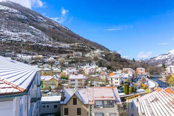 Apartments and hotel of French mountain ski resort in summer sunny day, Ax-les-Thermes, France