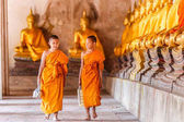 zwei Novizen Mönch gehen und sprechen in alten Tempel bei Sonnenuntergang, Provinz Ayutthaya, Thailand