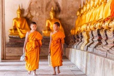 Yürüyüş ve eski tapınakta konuşurken günbatımı anda, Ayutthaya Bölgesi, Tayland iki acemiler keşiş