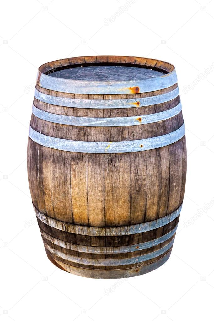 Old wooden barrel for wine with steel ring on white background.