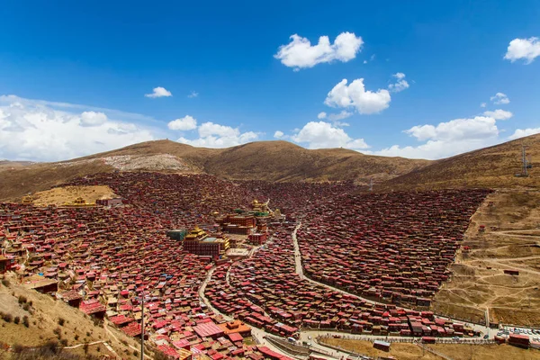 Kırmızı Manastırı Güneşli Gün Arka Plan Larung Gar Budist Akademisi — Stok fotoğraf