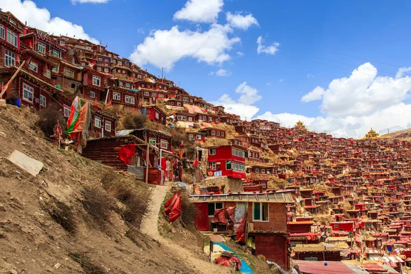 Kırmızı Manastırı ve güneşli gün ve arka plan Larung gar (Budist Akademisi) evde olduğunu mavi gökyüzü, Sichuan, Çin.