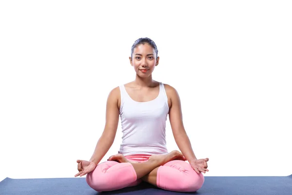 Jonge Indiase Vrouw Yoga Pose Witte Kleren Geïsoleerd Witte Achtergrond — Stockfoto