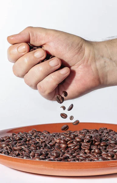 Vertical View Hand Spilling Coffee Beans Clay Plate White Background — Stock Photo, Image