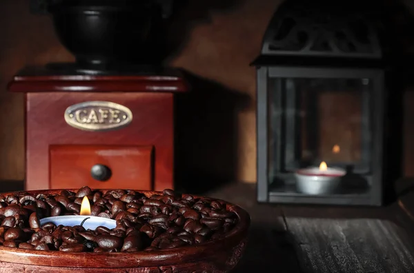 Still Life Candle Plate Coffee Beans Foreground Candelholder Coffee Grinder — Stock Photo, Image