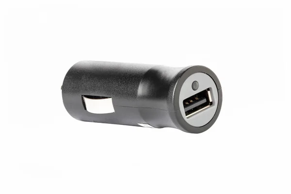 Horisontell Svart Färg Bil Ljusare Laddare Med Usb Uttag Isolerad — Stockfoto