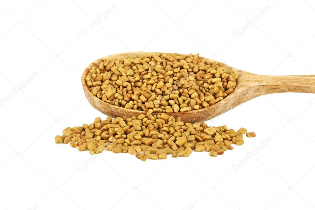 Fenugreek seeds in wooden spoon isolated on white background