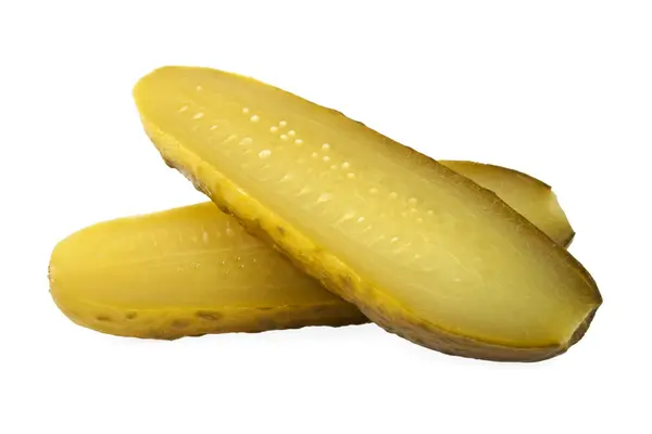 One pickled cucumber cut in half on white background — Stock Photo, Image