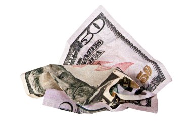 Beyaz arka plan üzerinde buruşuk Elli dolarlık banknot