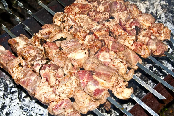 Shashlik alla griglia su barbecue, arrosto di carne, spiedini di carne, barbecue — Foto Stock