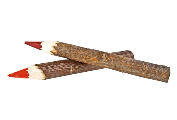 Two bark covered branch colored pencils isolated on white backgr — Stock Photo, Image