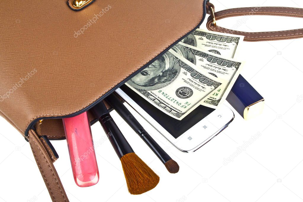 Fashionable women's handbag. Open brown ladies handbag with scat