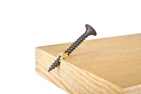 Screw screwed into wooden plank, white background — Stock Photo, Image