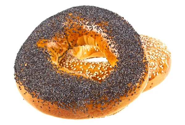 Bagel with poppy seeds and sesame bagel on a white background — Stock Photo, Image