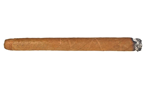 Cigare brun brûlant isolé sur un fond blanc — Photo