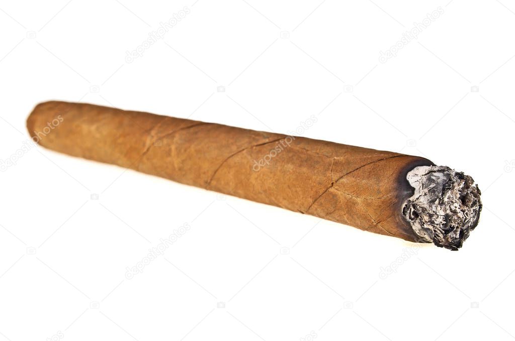 Burning brown cigar isolated on a white background
