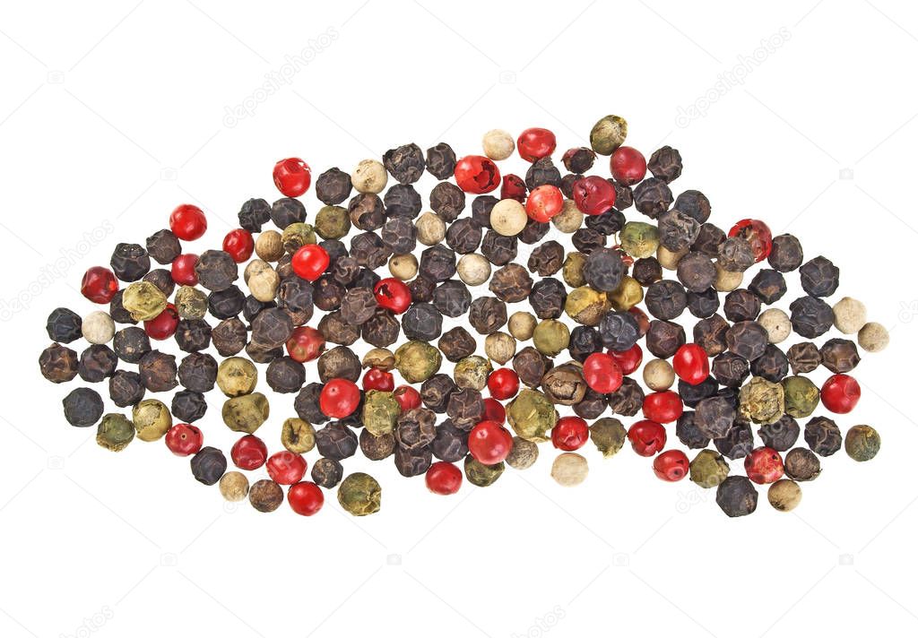 Heap of various pepper peppercorns seeds mix on white background