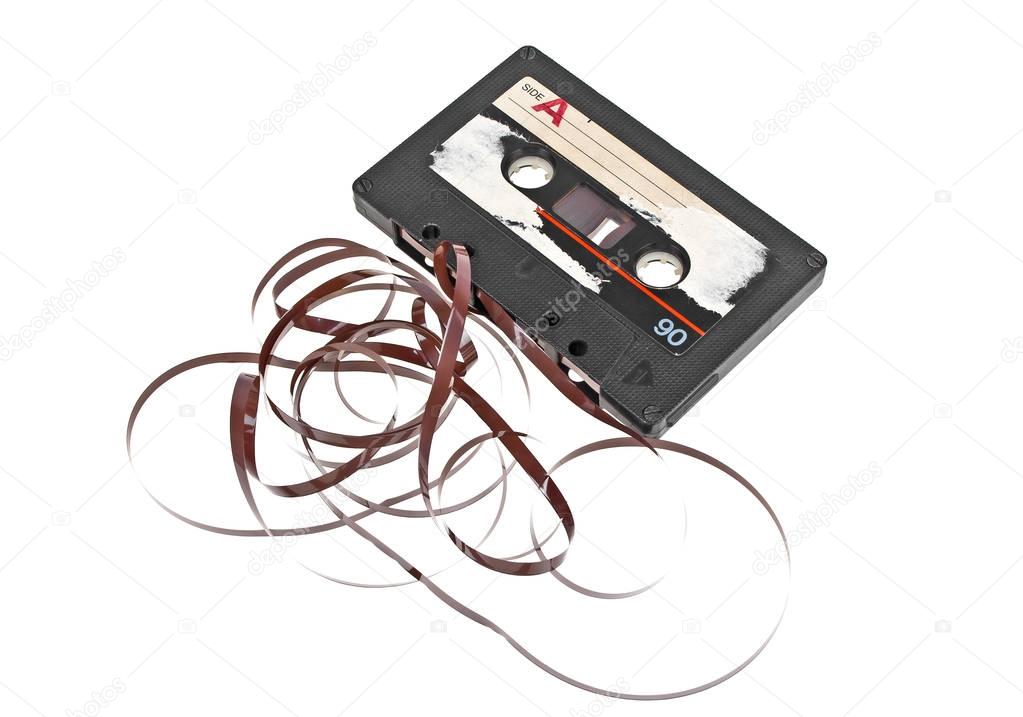 Close up of vintage audio tape cassette isolated on a white back