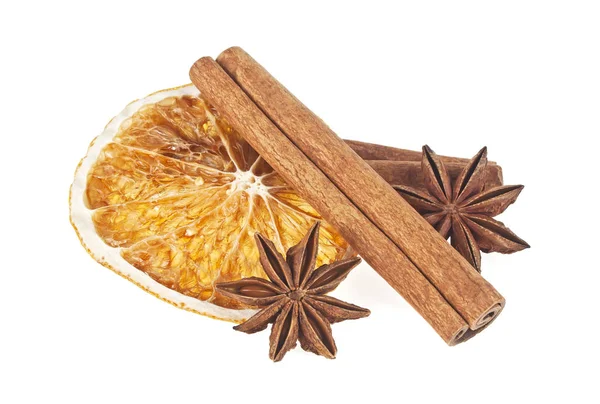 Dried orange, anise and cinnamon sticks isolated on white background — Stock Photo, Image